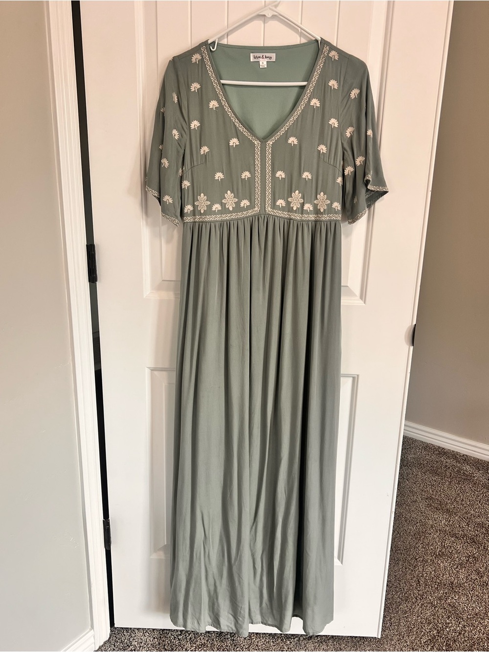 Soft Sage Embroidered V-Neck Maxi Dress